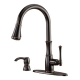 Pfister Wheaton Kitchen Faucet with Pull Down Sprayer and Soap Dispenser, Single Handle, High Arc, Tuscan Bronze Finish, F5297WH