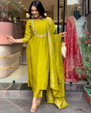 Anni Designer Women'S Silk Blend Straight Embroidered Kurta With Pant & Dupatta (Deluxe Orange_Xl_Orange_X-Large),Orange,XL,,,