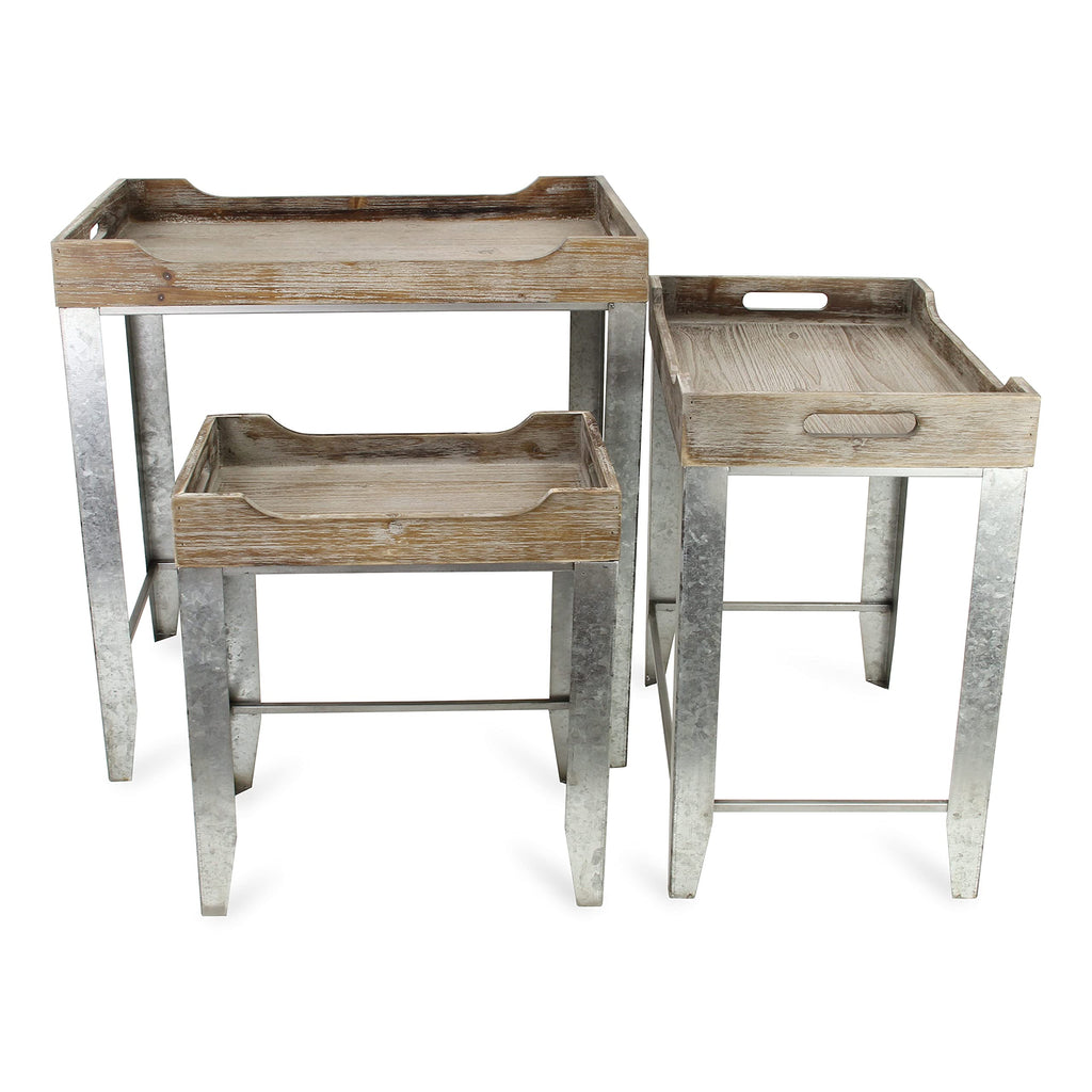 Cheung'S Set Of 3 Gray Wash Wood Top Side Handles And Galvanized Metal Base Nesting Table