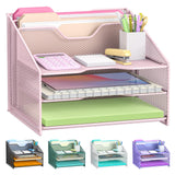Samstar Pink Desk File Organizer, Mesh Letter File Folder Holder with 3 Paper Trays and 2 Vertical Upright Section, for Office S
