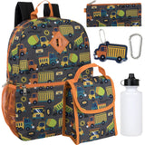 Trail maker Boys 6 in 1 School Backpack Set with Lunch Box, Pencil Case, Keychain, Water Bottle Attached for Kids (Construction