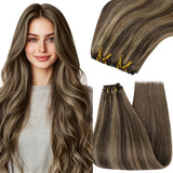 YoungSee Sew in Hair Extensions Real Human Hair Highlights 22Inch 100G Brown Weft Extensions