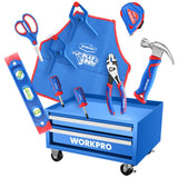 WORKPRO Kids Real Tool Set with 12 Inch Steel Tool Chest with Wheels, 10PCS Boys First Tool Set with 2 Drawers Blue Metal Rollin