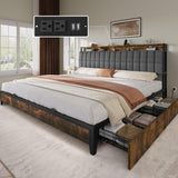 YITAHOME Queen Size Bed Frame, Upholstered Platform Bed Frame with Charging Station/4 Drawers, Storage Headboard Metal Beds Stro