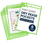 Essex Wares - 6 Pack, Lime Green, Water-Resistant Dry Erase Pocket Document Protectors, 10 Wide x 13.5 Tall - Dry Erase Clear Pl