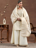 Libas Womens Woven Design Silk Blend Straight Kurta With Palazzos And Dupatta Off White Xl