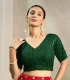 Pujia Mills Women'S Indian Ethnic Wear Designer Silver Sequence With Matching Embroidered Work V Neck Half Sleeve Readymade Padded Saree Blouse Readymade Unique Green Color Saree Blouse Green 32
