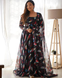 Women Floral Print Anarkali Kurta With Pant And Dupatta (X-Large Black-1),Black-1,XL,Georgette,Anarkali,