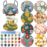 Reallnaive 8 Pcs Flower Paint by Numbers Kit for Adults Floral Cute Coasters with Holder Mini Paint by Numbers Kits Round Oil Pa