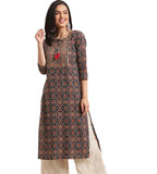 rytras Women's Cotton Printed Straight Kurta(RYT310_Blue_Medium)