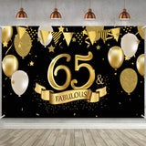 65th Birthday Black Gold Party Decoration, Large Fabric Black Gold Sign Poster for 65th Anniversary Backdrop Banner, 65th Birthd