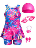 Girls Swimming Costume Combo Set With Cap Goggles Nose Clip Ear Plugs, Kids Swim Dress With Attached Shorts, Quick Dry Stretchab