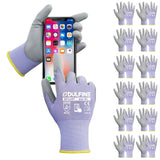 DULFINE Work Gloves for Men PU Coated 12 Pairs Bulk Pack,Purple Seamless Knit Glove with thin Polyurethane,Two Finger Touchscree