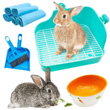 PINVNBY Multi-Purpose Plastic Rabbit Litter Box Set, 5 Disposable Pet Pads, Mini Broom & Dustpan, Ceramic Rabbit Feeding Bowl -