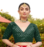 Pujia Mills Womens Fancy Readymade Half Sleeve Sequins Saree Blouse (Green, 36)