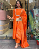 Gosriki Women'S Silk Blend Straight Embroidered Kurta With Pant & Dupatta (Deluxe Orange-Vks01-Gs_5Xl_Orange_Xxxxx-Large),Orange,5,B0DNK9HNDY