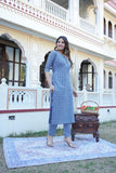 Anni Designer Women'S Cotton Blend Traditional Straight Printed Kurta With Pant Set (Thaya Blue-Jan40_Xl_Blue_X-Large),Blue,XL,Cotton Blend,Regular,Pants