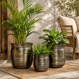 Indian Decormart Hammered Metal Planters Set Of 3, Antique Gold Finish, Round Pots, Sizes 30X33 Cm, 26.5X26.5 Cm, 20X20 Cm