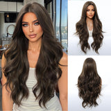 Looxey Long Wavy Wig for Women 28 Inch Curly Hair Wig Brown Mixed Blonde Heat Resistant Soft Synthetic Wigs for Women Daily Use