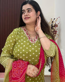 Anni Designer Women'S Rayon Viscose Printed Straight Kurta With Pant & Dupatta (Subhi Mehandi_Xxl_Mehandi_Xx-Large),Mehandi,2XL,,,