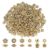 PH PandaHall 300pcs Tibetan Spacer Beads, 6 Style Antique Golden Spacers Alloy Metal Tube Beads Flower Flat Rondelle Small Loose