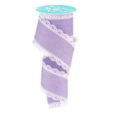 RG Ribbon: 2.5 Inch Scalloped Lace Wired Ribbon Light Lavender Purple, White - 10 Yards / 30' Ft for Bows, Wreaths, and Decorati