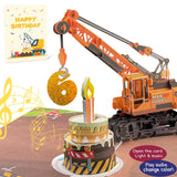 DTESL 3D Greeting Pop Up 6th Birthday Card with light and music, Crane Truck card For Boy, Nephew, Grandson, Son, Toddler, with