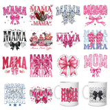 Shejdgart Mom UV DTF Cup Wraps - 16 Sheets Mama UV DTF Wraps for 16 OZ Glass Cups, Pink Bows UVDTF Stickers, Waterproof Rub on T