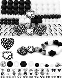 102PCS FIVEIZERO Black & White Focal Silicone Beads for Keychain Making - Heart, Round, Lentil, Hexagon & Rhinestone Spacer Bead