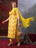Anni Designer Women'S Cotton Blend Printed Straight Kurta And Pant With Dupatta (Kaleping-Yellow-Nw_L_Yellow_Large),Yellow,L,,,