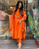 Anni Designer Women'S Silk Blend Straight Embroidered Kurta With Pant & Dupatta (Deluxe Orange-Vks01_L_Orange_Large),Orange,L,,,