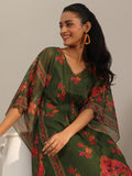 Libas Women Chiffon Green Floral Printed Kaftan Kurta Set With Inner And Solid Trouser, Large