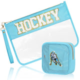 BuyCard 2 Pcs Hockey Gifts Makeup Bag with Chenille Letter Patch, Clear Cosmetic Pouch PVC Organizer Purse, Waterproof Travel Ba