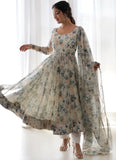 Shasmi Women'S White Grey Georgette Anarkali Floral Printed Kurta With Pant & Dupatta (Dress 114 White Grey M)
