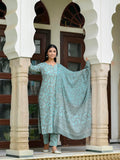 Anni Designer Women'S Rayon Blend Straight Printed Kurta With Pant & Dupatta (Karwaan Grey_M_Grey_Medium),Grey,M,,,