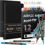 Thenshop 2 Pcs/200 Sheets Black Paper Sketchbook with 12 Metallic Marker Pens Set 6 x 8 in Black Writing Page Journal Notebook f