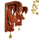 Jline Arts Wooden Peacock Wall Bracket Pair 12 Inch | HandCarved Solid Wood Bird Corbels With Brass Bells | Antique Brown South