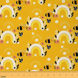 Rainbow Embrace Shine Decorative Fabric by The Yard - White Flower and Yellow Bee Upholstery, Garden Pastoral Style DIY Waterpro