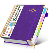 5 Subject Spiral Notebook Journal with Removable Dividers Tabs, 300 Pages Organizer Notebooks for Work School, A5 Hardcover Leat