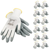 JORESTECH Safety Work Gloves, White Polyester Knit with Grey Nitrile Palm Coating, EN 388 4121X, Pack of 12