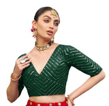 Pujia Mills Womens Fancy Readymade Half Sleeve Sequins Saree Blouse (Green, 36)