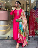 Anni Designer Women'S Rayon Blend Embroidered Straight Kurta With Pant & Dupatta (Ocb Pink_Xxl_Pink_Xx-Large),Pink,2XL,Rayon Blend,Regular,Kurta,Scarf