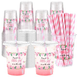 Funnymoom 50 Sets Baby Shower Plastic Cups a Sweet Little Girl Is on the Way 16 oz Floral Disposable Drinking Cups with Lids Str