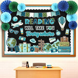 Eersida 76 Pcs Reading Travel Bulletin Board Set with Paper Fans Reading Motivational Classroom Decorations Travel The Map Campi