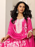 Pink Floral Printed Panelled Anarkali Kurta With Solid Trouser And Chiffon Dupatta Pink M
