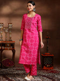 Libas Womens Printed Cotton Straight Kurta With Trousers And Dupatta Pink M 39086