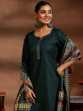 Libas Womens Embellished Cotton Blend Straight Kurta With Trousers And Dupatta Green S