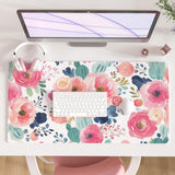 Colorful Star Large Mouse Pad, Pink Floral Desk Mat for Desktop, Women Girls Flowers PU Leather Waterproof Desk Pad, Computer PC