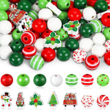 FairySandy 240 Pcs Christmas Wooden Beads Craft 0.63 Inches Hanging Red Green White Santa Christmas Tree Deer Candy Snowman Bead