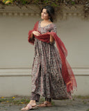 Gosriki Women'S Rayon Blend Anarkali Printed Kurta With Pant & Dupatta (Madipakam Maroon-Gs_S_Maroon_Small),Maroon,,B0DFCGW842
